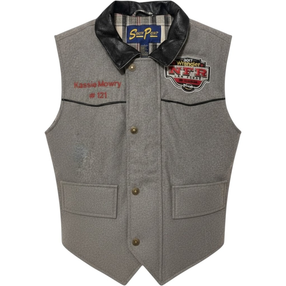 South Point 2017 Wrangler NFR Vest Grey Wool Leather Collar Small NFR17